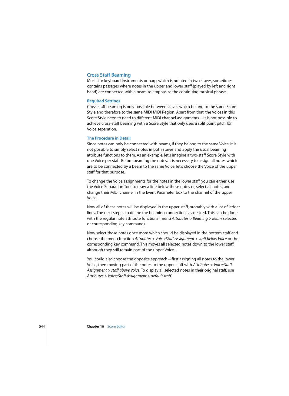 Cross staff beaming, Required settings, The procedure in detail | Apple Logic Pro 7 User Manual | Page 544 / 730