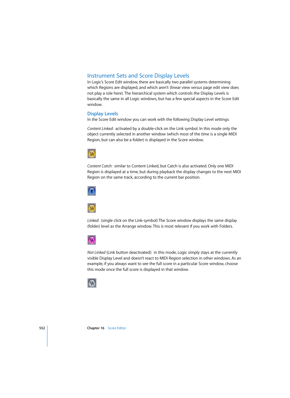 Instrument sets and score display levels, Display levels | Apple Logic Pro 7 User Manual | Page 552 / 730