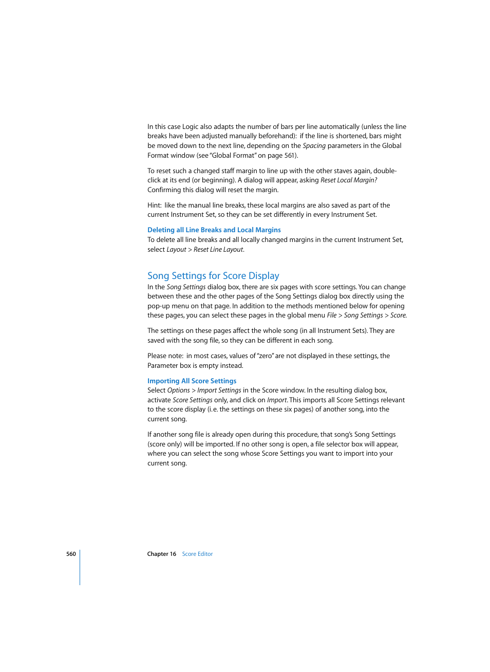 Deleting all line breaks and local margins, Song settings for score display, Importing all score settings | Apple Logic Pro 7 User Manual | Page 560 / 730