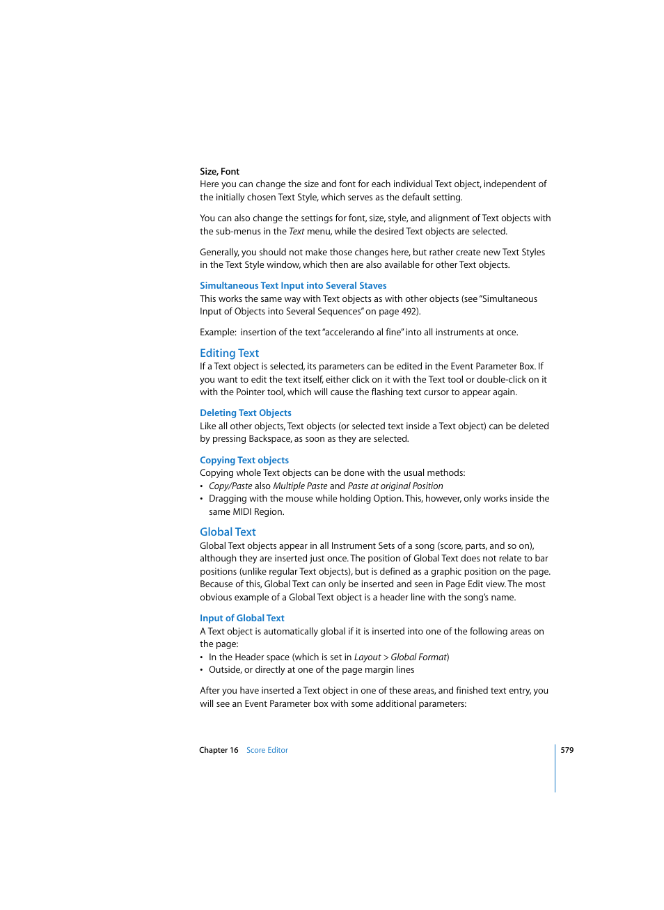 Simultaneous text input into several staves, Editing text, Deleting text objects | Copying text objects, Global text, Input of global text | Apple Logic Pro 7 User Manual | Page 579 / 730