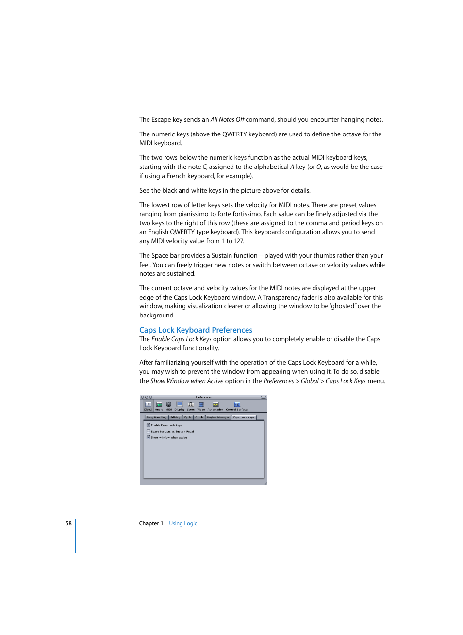 Caps lock keyboard preferences | Apple Logic Pro 7 User Manual | Page 58 / 730