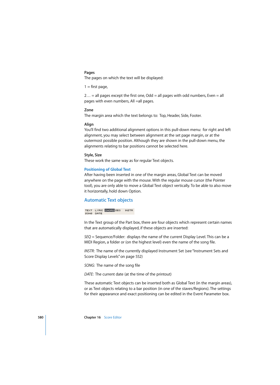 Positioning of global text, Automatic text objects | Apple Logic Pro 7 User Manual | Page 580 / 730
