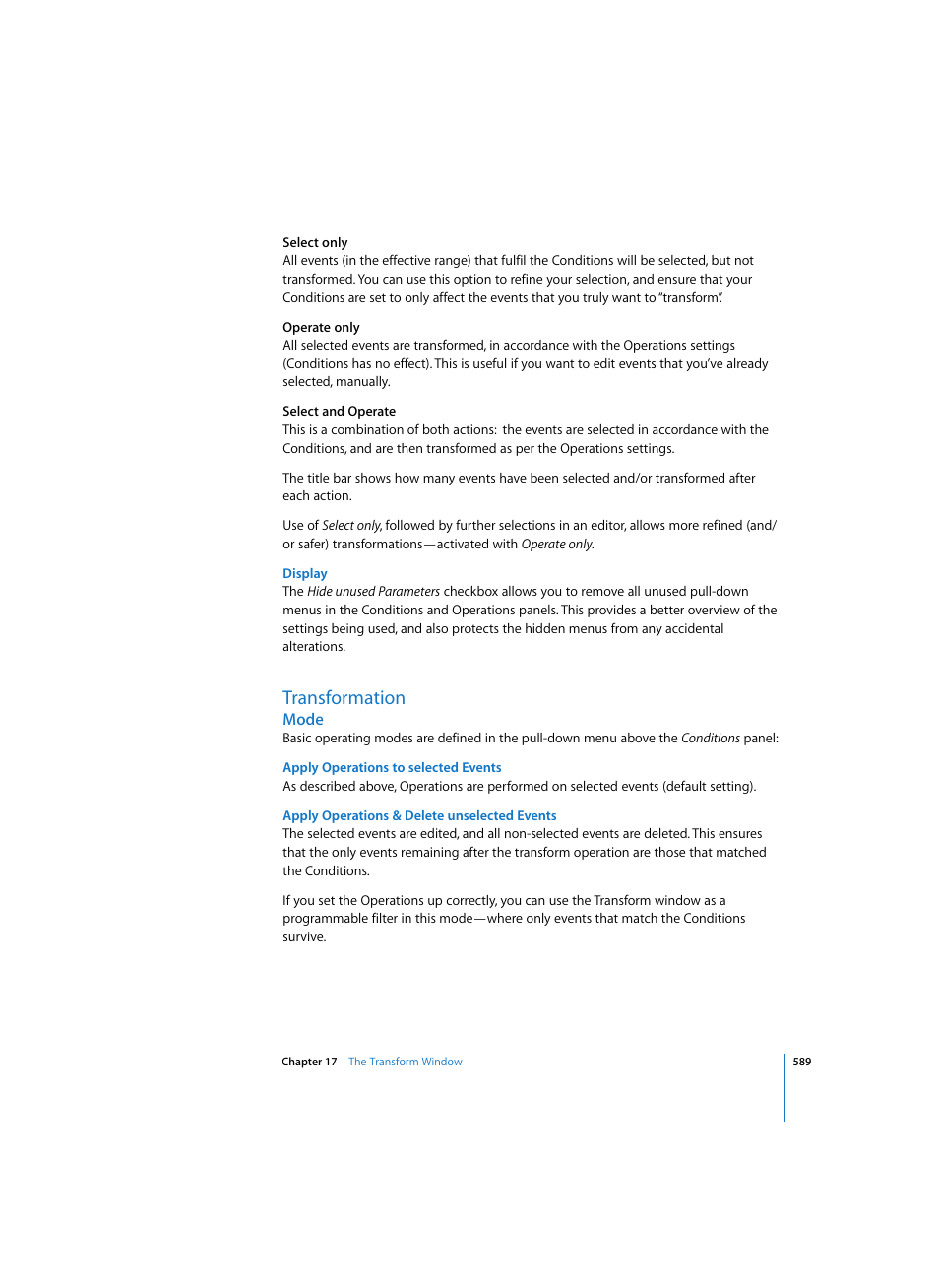 Display, Transformation, Mode | Apply operations to selected events, Apply operations & delete unselected events | Apple Logic Pro 7 User Manual | Page 589 / 730