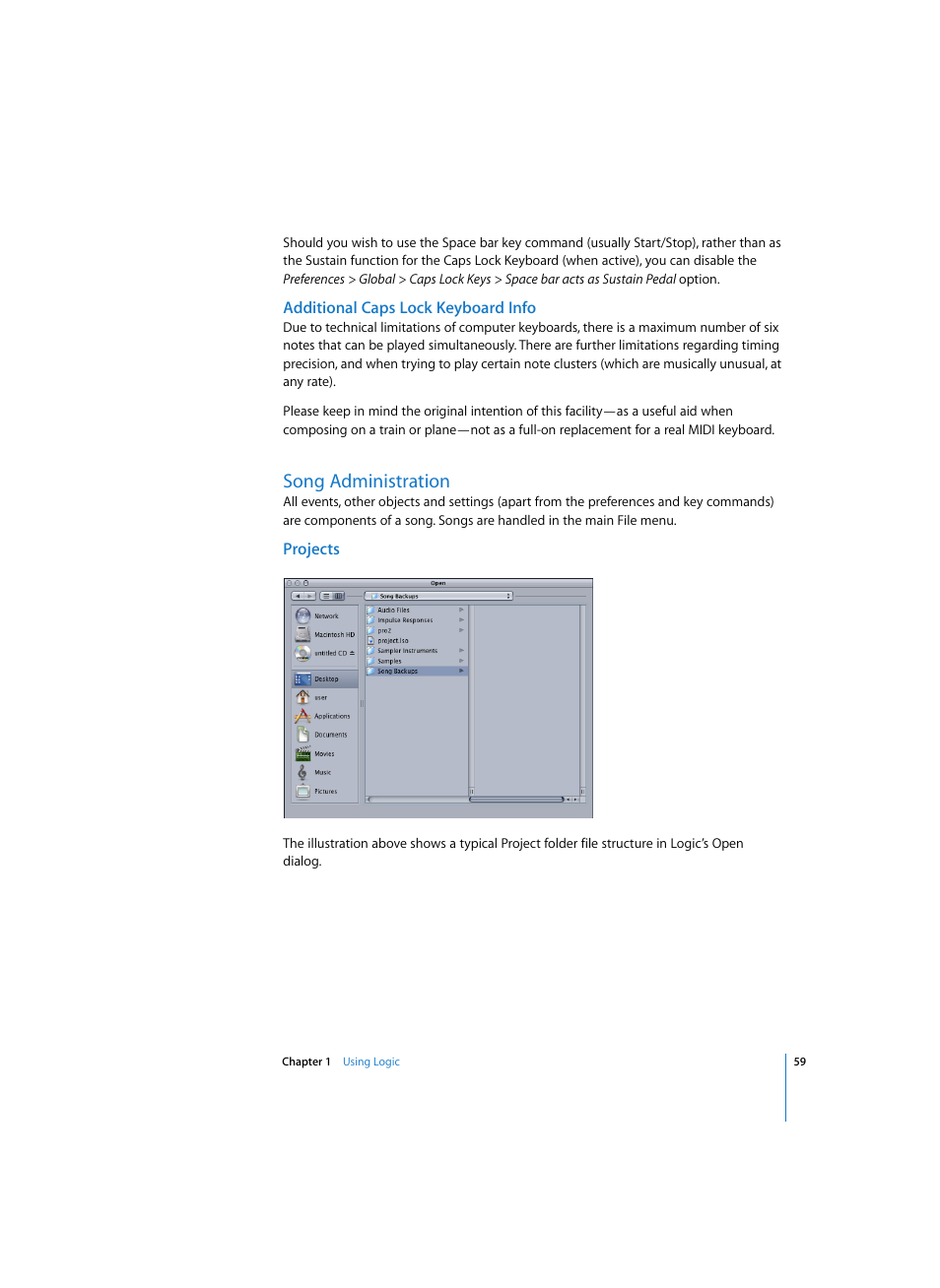 Additional caps lock keyboard info, Song administration, Projects | Apple Logic Pro 7 User Manual | Page 59 / 730