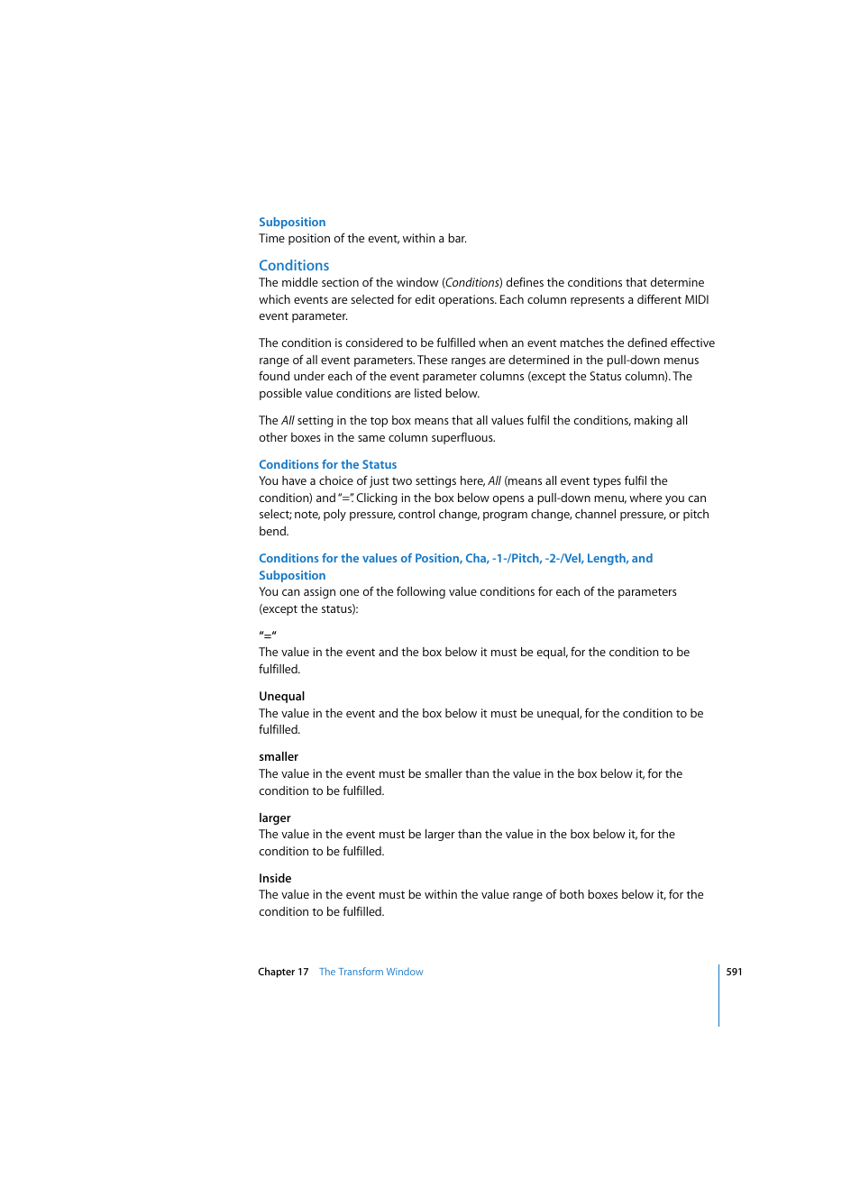 Subposition, Conditions, Conditions for the status | Apple Logic Pro 7 User Manual | Page 591 / 730