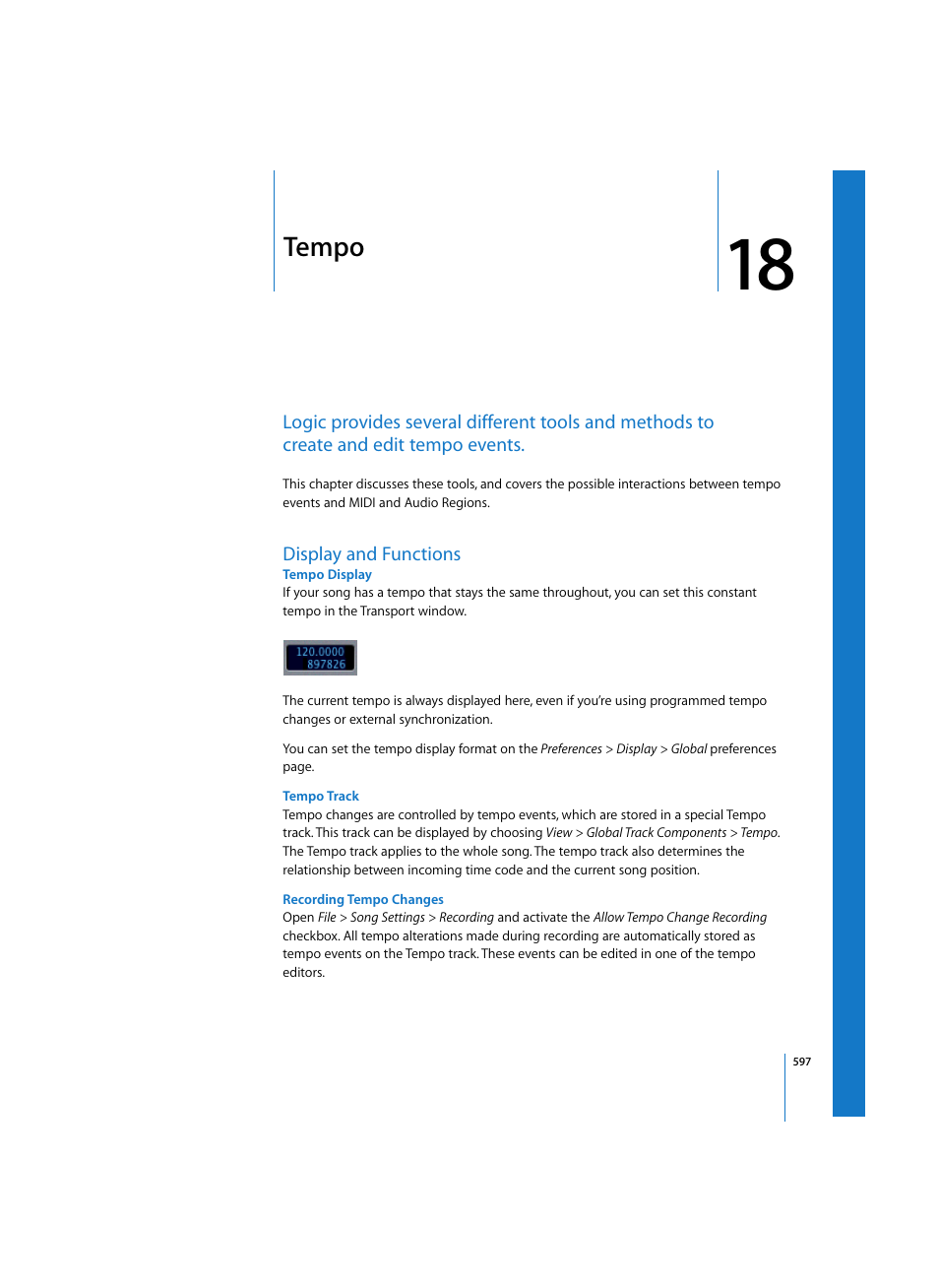 Tempo, Display and functions, Tempo display | Tempo track, Recording tempo changes | Apple Logic Pro 7 User Manual | Page 597 / 730