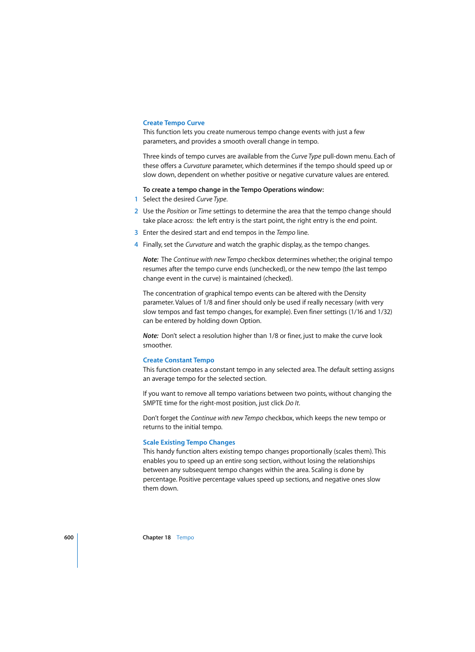 Create tempo curve, Create constant tempo, Scale existing tempo changes | Apple Logic Pro 7 User Manual | Page 600 / 730