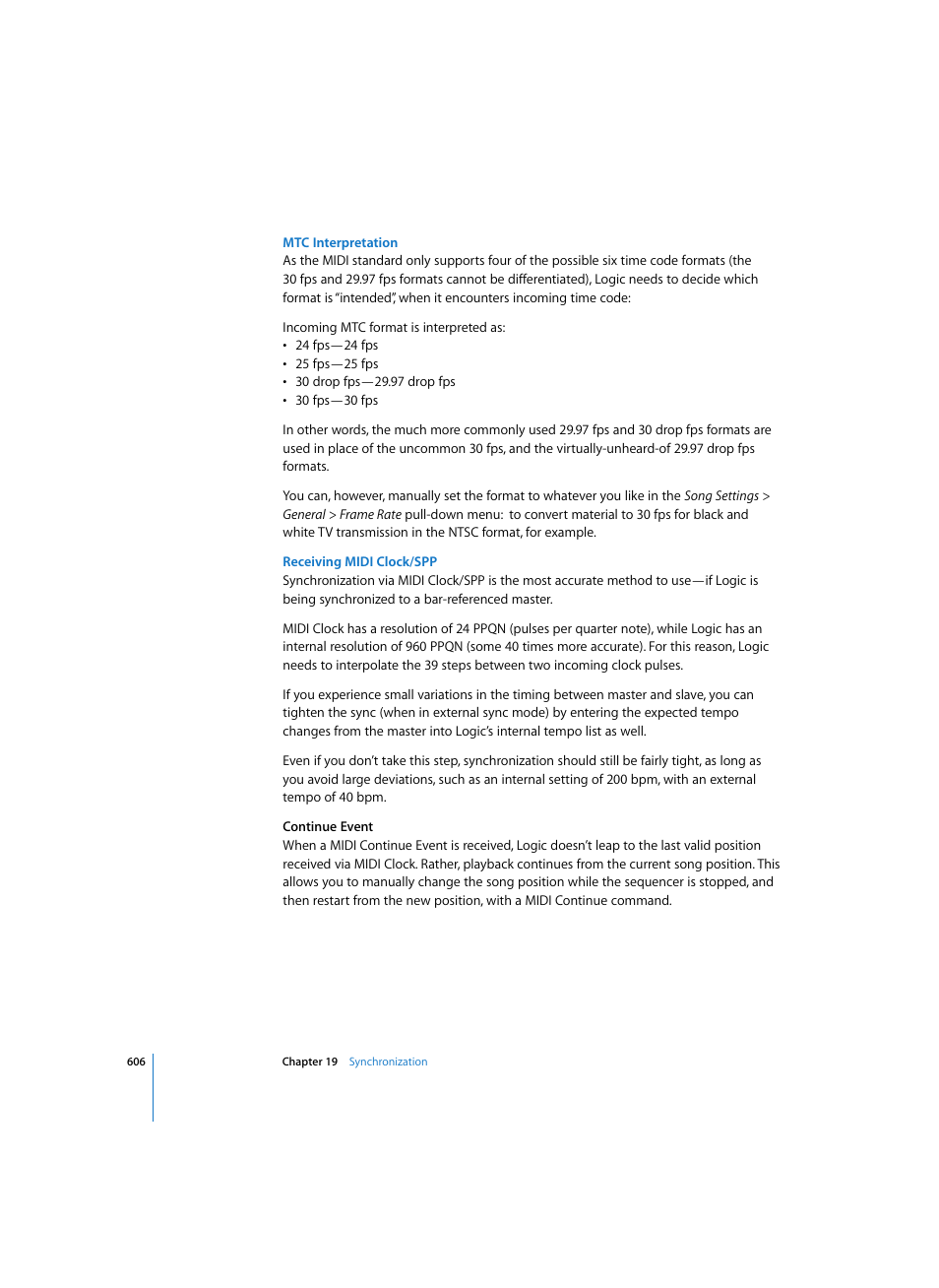 Mtc interpretation, Receiving midi clock/spp | Apple Logic Pro 7 User Manual | Page 606 / 730