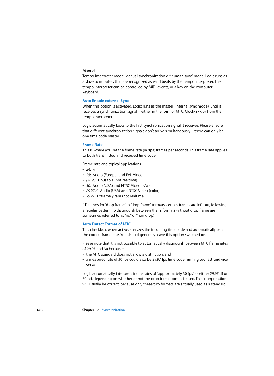 Auto enable external sync, Frame rate, Auto detect format of mtc | Apple Logic Pro 7 User Manual | Page 608 / 730
