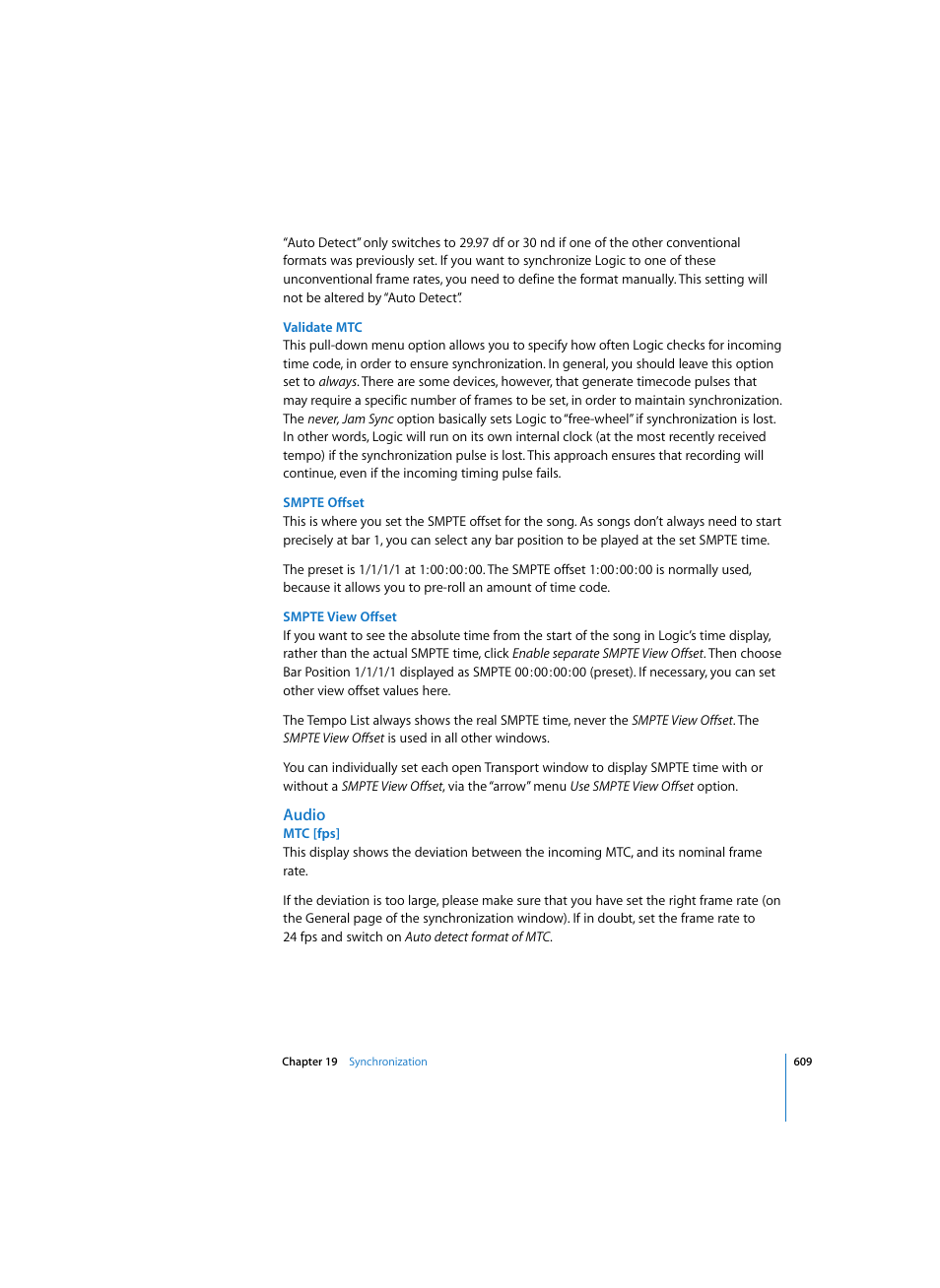 Validate mtc, Smpte offset, Smpte view offset | Audio, Mtc [fps | Apple Logic Pro 7 User Manual | Page 609 / 730