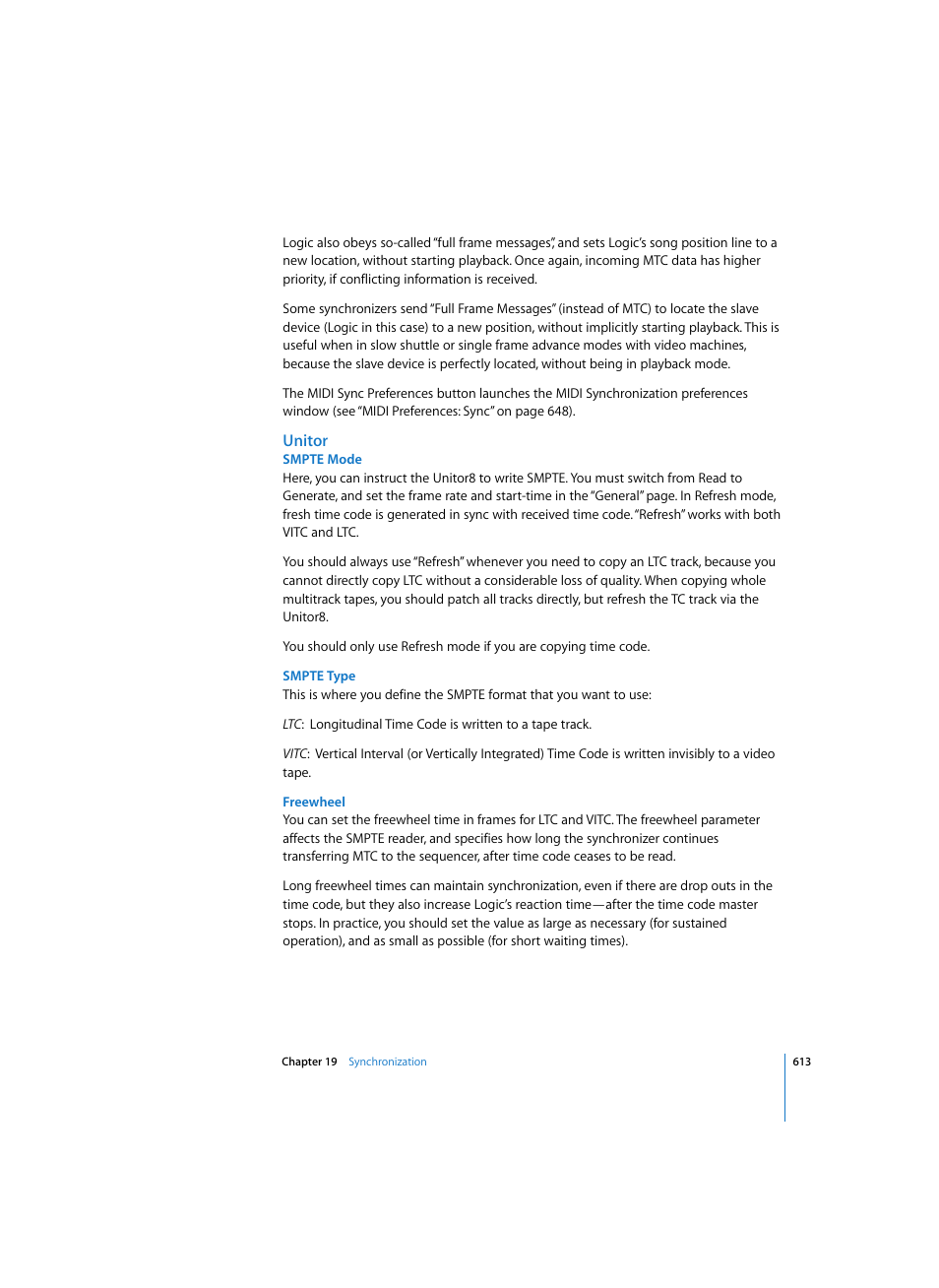 Unitor, Smpte mode, Smpte type | Freewheel | Apple Logic Pro 7 User Manual | Page 613 / 730