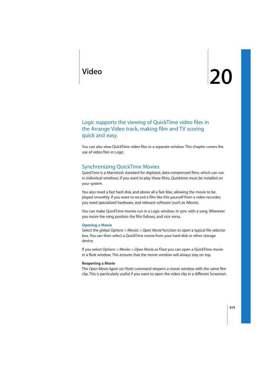 Video, Synchronizing quicktime movies, Opening a movie | Apple Logic Pro 7 User Manual | Page 619 / 730