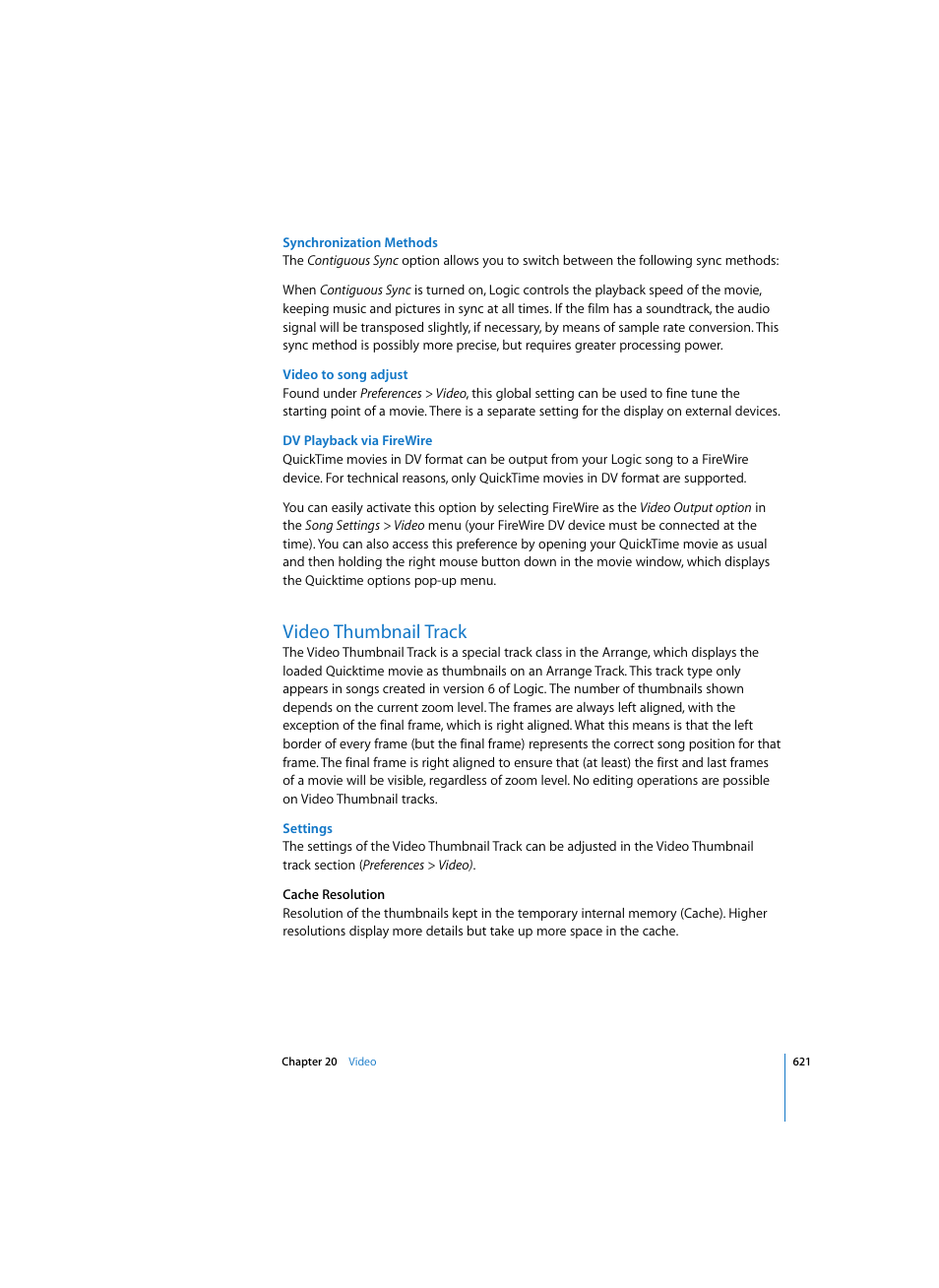 Synchronization methods, Video to song adjust, Dv playback via firewire | Video thumbnail track, Settings | Apple Logic Pro 7 User Manual | Page 621 / 730