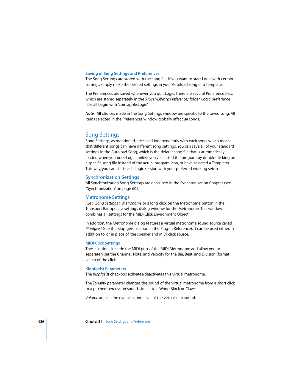 Saving of song settings and preferences, Song settings, Synchronization settings | Metronome settings, Midi click settings, Klopfgeist parameters | Apple Logic Pro 7 User Manual | Page 626 / 730