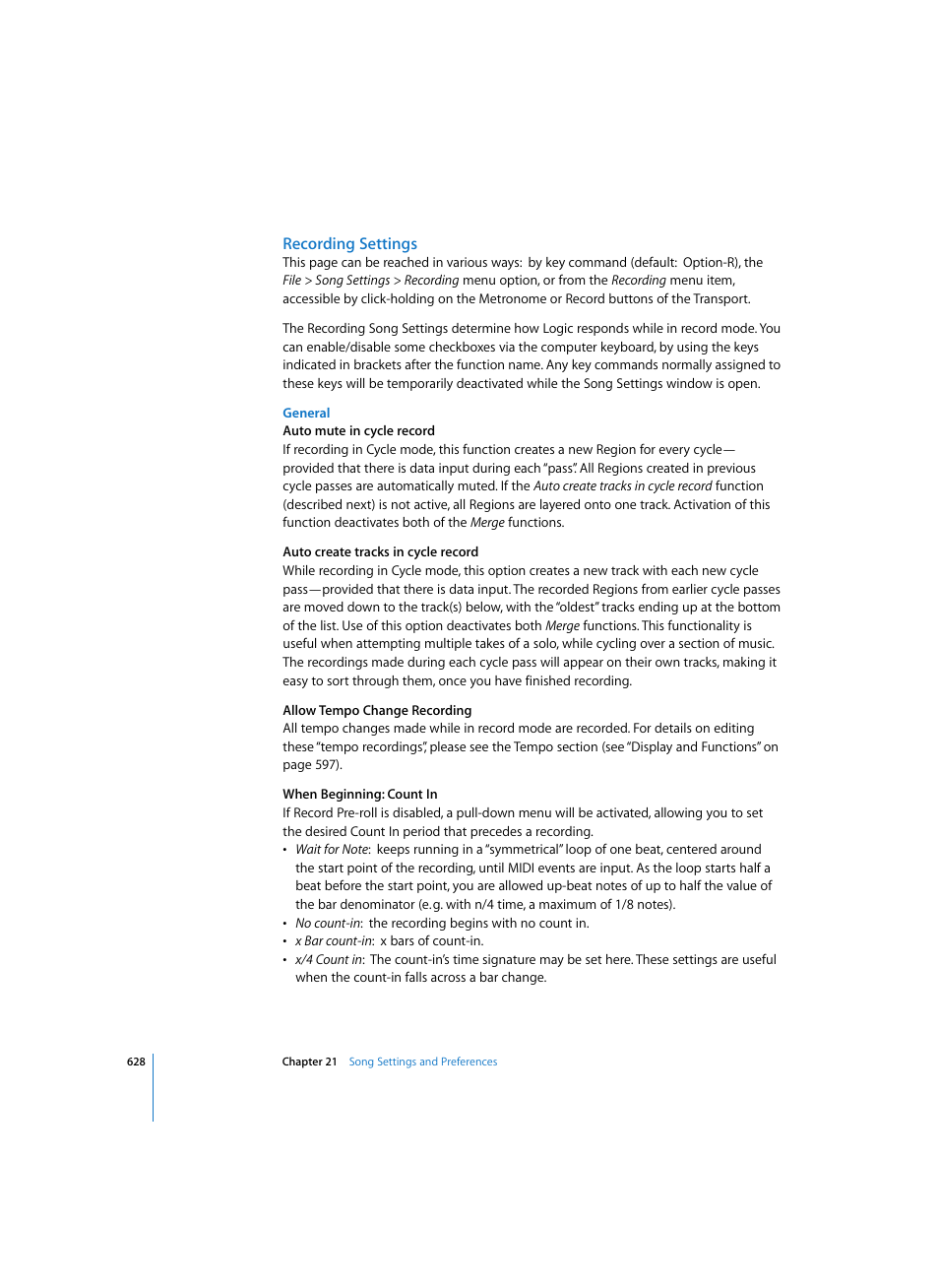 Recording settings, General | Apple Logic Pro 7 User Manual | Page 628 / 730