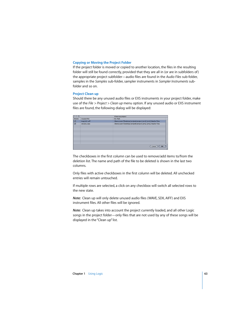 Copying or moving the project folder, Project clean up | Apple Logic Pro 7 User Manual | Page 63 / 730