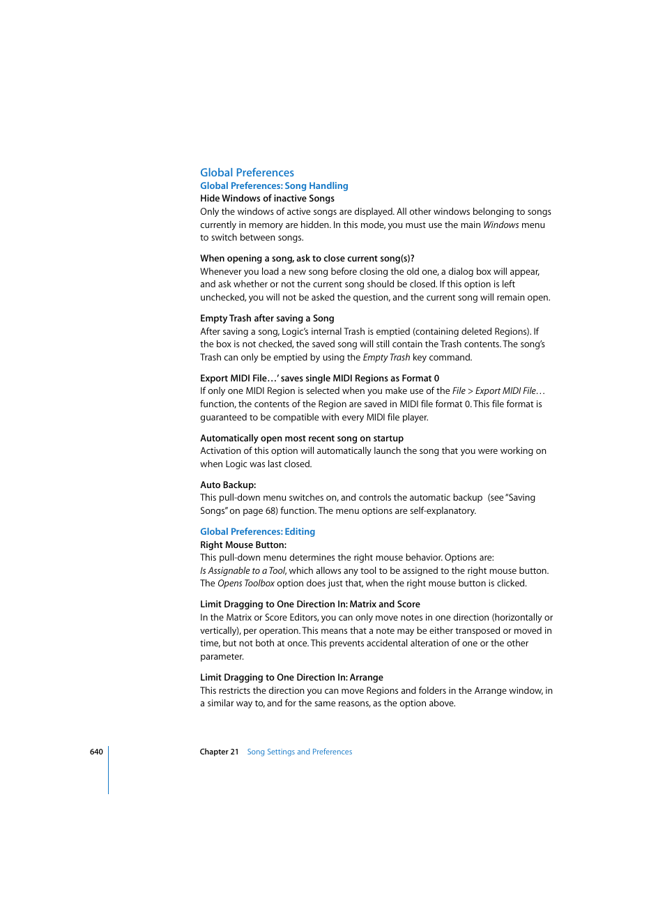 Global preferences, Global preferences: song handling, Global preferences: editing | Apple Logic Pro 7 User Manual | Page 640 / 730