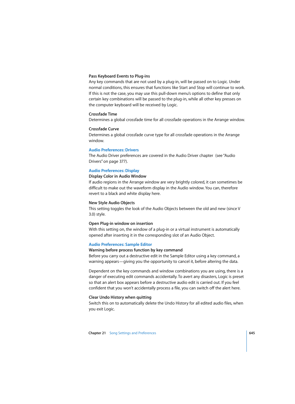 Audio preferences: drivers, Audio preferences: display, Audio preferences: sample editor | Apple Logic Pro 7 User Manual | Page 645 / 730
