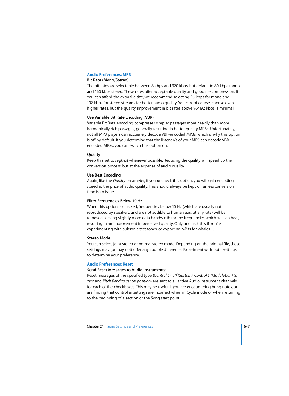 Audio preferences: mp3, Audio preferences: reset | Apple Logic Pro 7 User Manual | Page 647 / 730