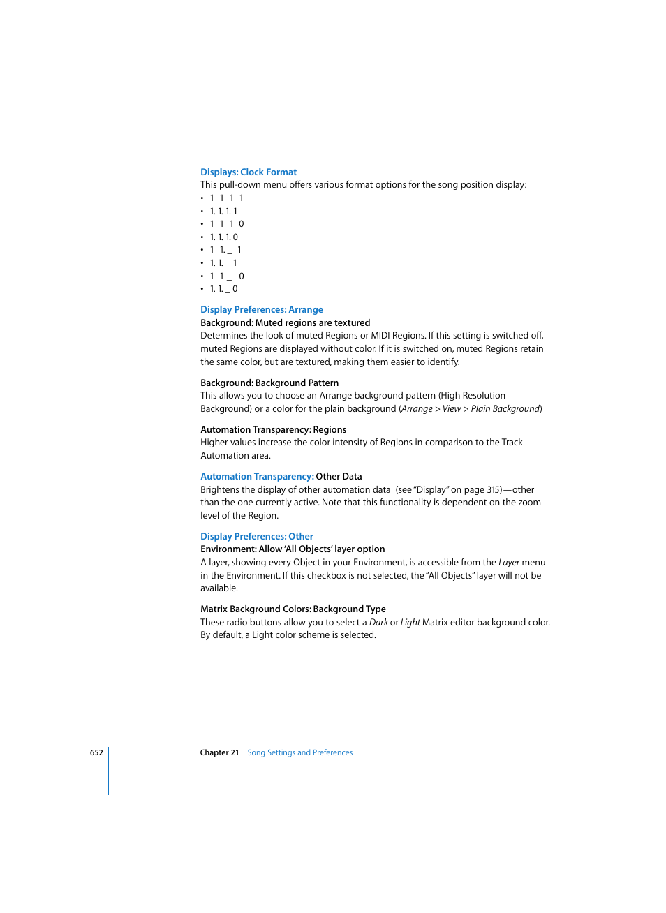 Displays: clock format, Display preferences: arrange, Display preferences: other | Apple Logic Pro 7 User Manual | Page 652 / 730
