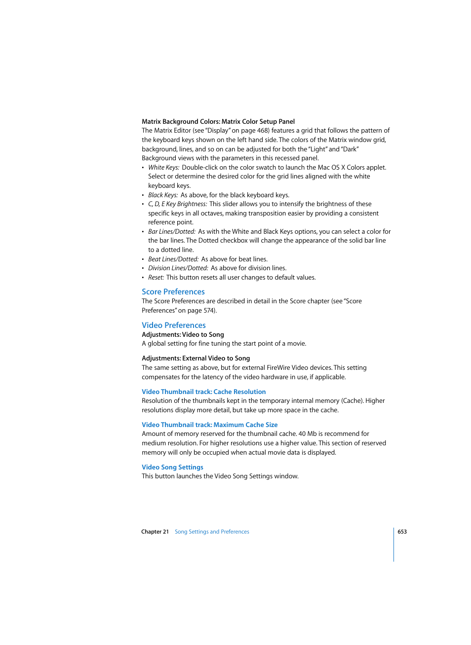 Score preferences, Video preferences, Adjustments: external video to song | Video thumbnail track: cache resolution, Video thumbnail track: maximum cache size, Video song settings | Apple Logic Pro 7 User Manual | Page 653 / 730