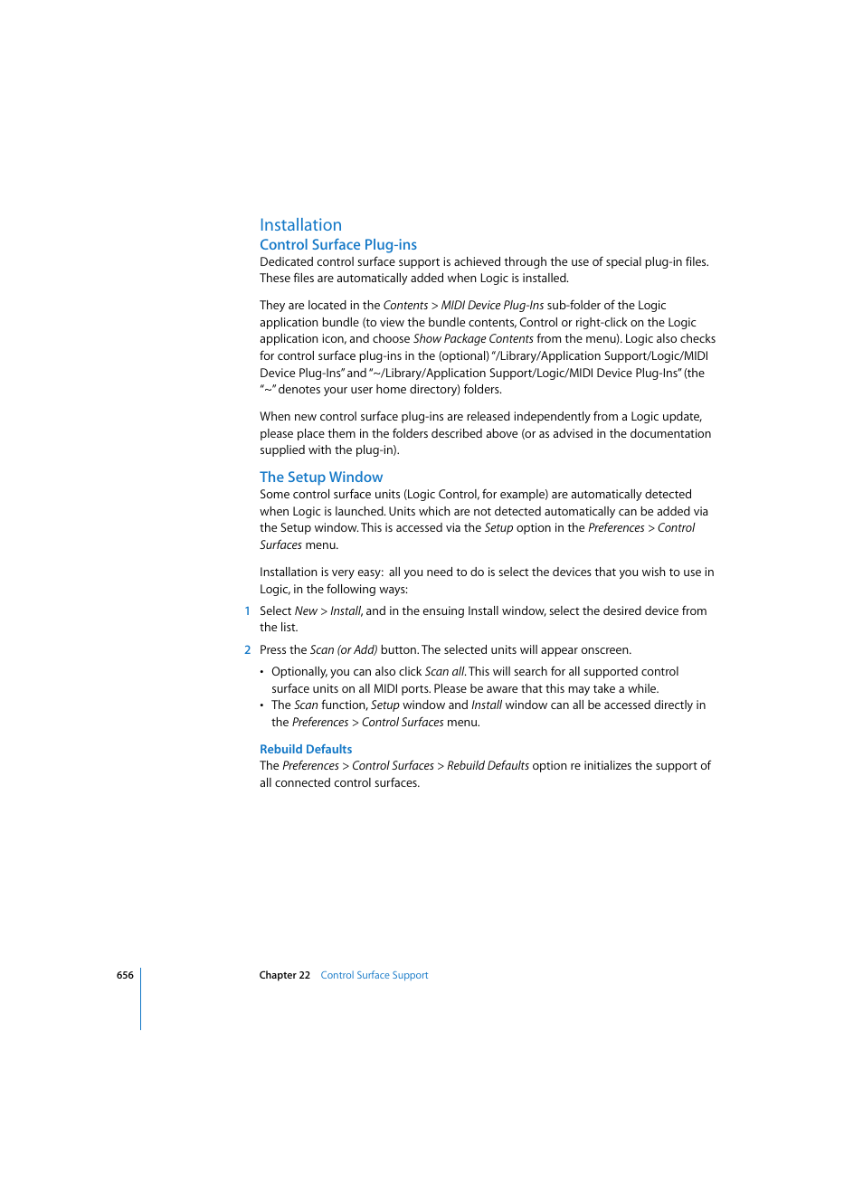 Installation, Control surface plug-ins, The setup window | Rebuild defaults | Apple Logic Pro 7 User Manual | Page 656 / 730