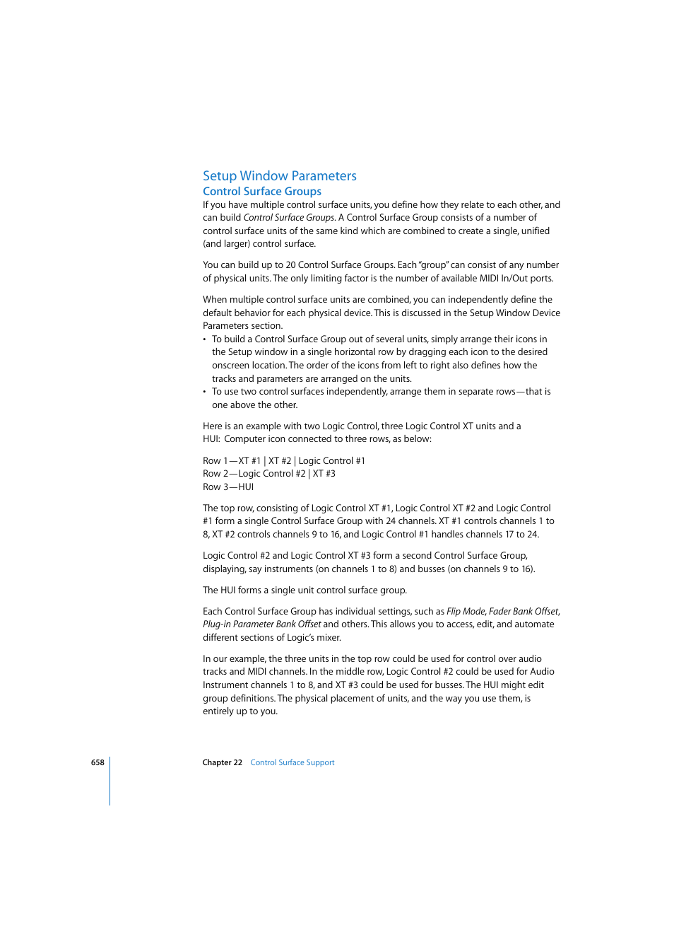 Setup window parameters, Control surface groups | Apple Logic Pro 7 User Manual | Page 658 / 730