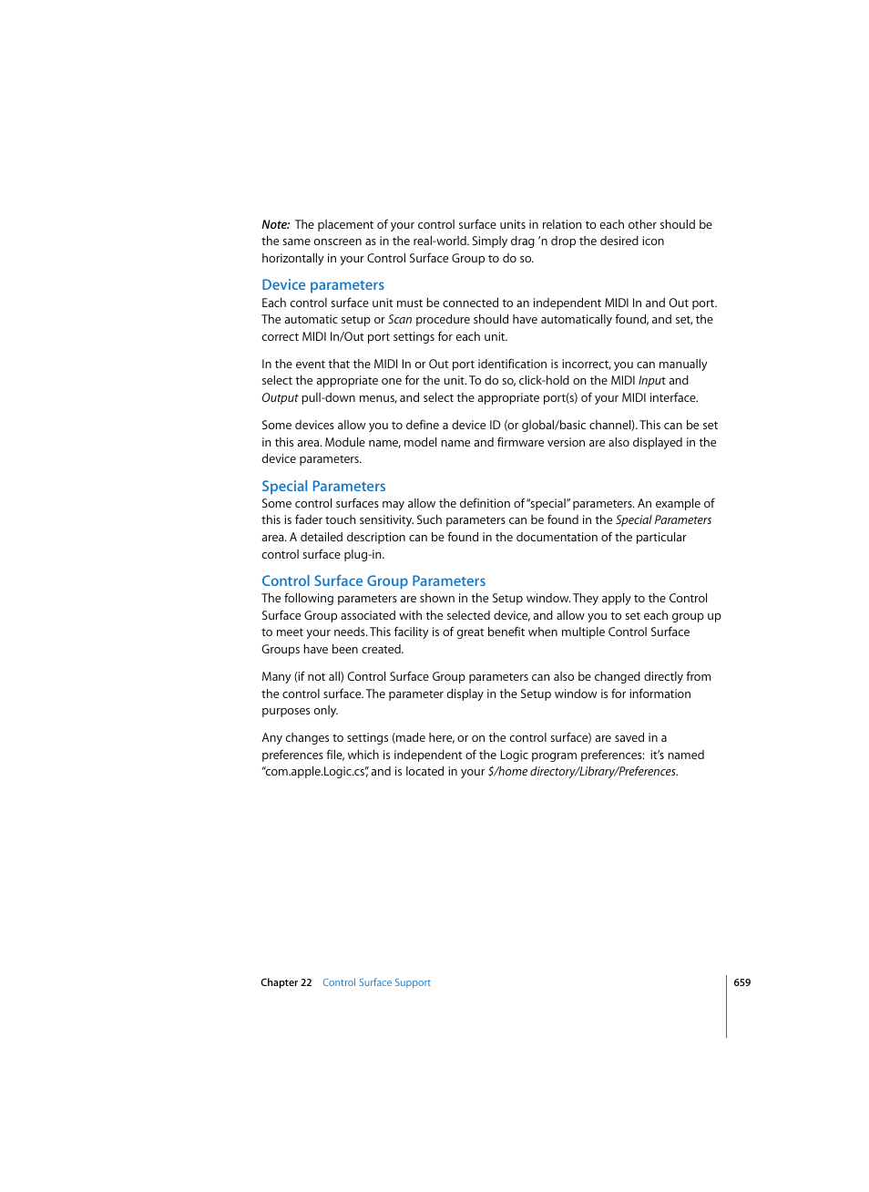 Device parameters, Special parameters, Control surface group parameters | Apple Logic Pro 7 User Manual | Page 659 / 730