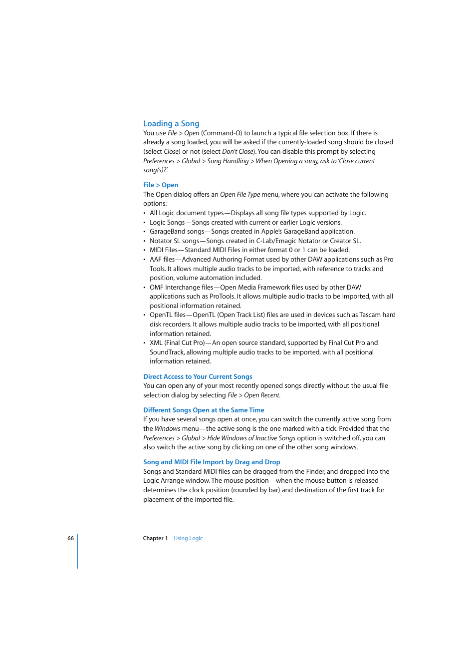 Loading a song, File > open, Direct access to your current songs | Different songs open at the same time, Song and midi file import by drag and drop | Apple Logic Pro 7 User Manual | Page 66 / 730