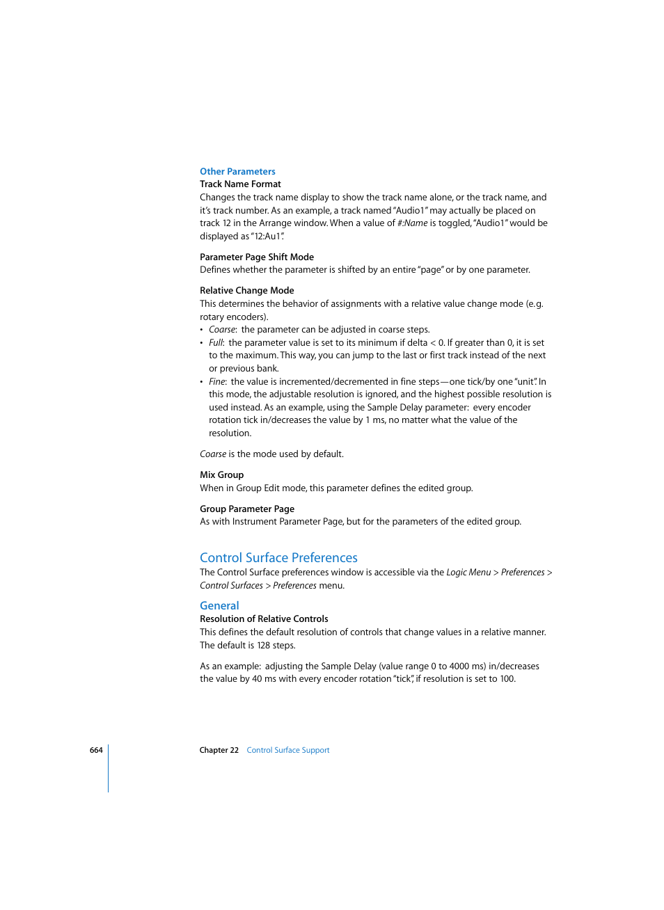 Other parameters, Control surface preferences, General | Apple Logic Pro 7 User Manual | Page 664 / 730