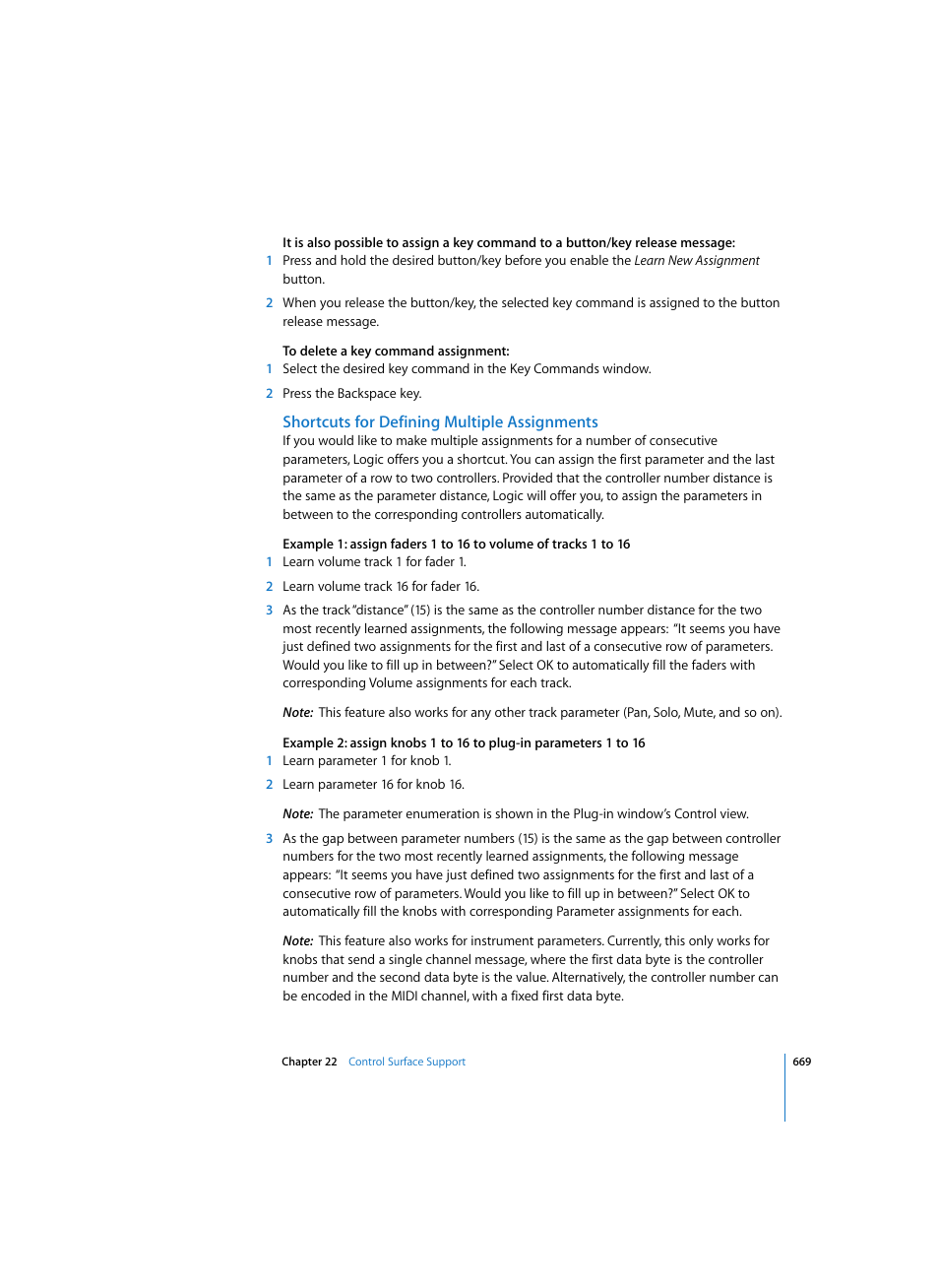 Shortcuts for defining multiple assignments | Apple Logic Pro 7 User Manual | Page 669 / 730