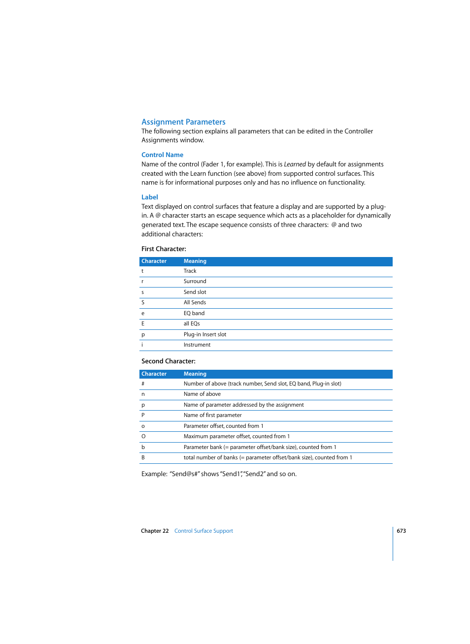 Assignment parameters, Control name, Label | Apple Logic Pro 7 User Manual | Page 673 / 730