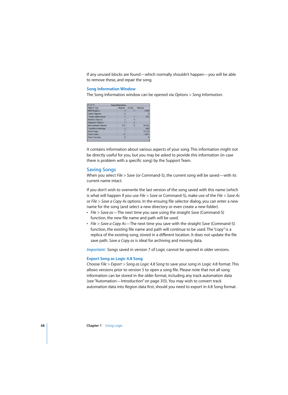 Song information window, Saving songs, Export song as logic 4.8 song | Apple Logic Pro 7 User Manual | Page 68 / 730