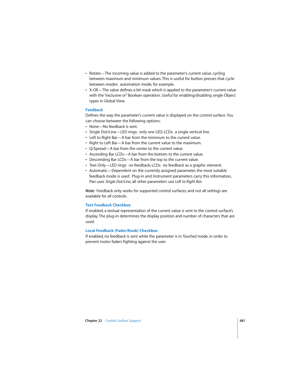 Feedback, Text feedback checkbox, Local feedback (fader/knob) checkbox | Apple Logic Pro 7 User Manual | Page 681 / 730
