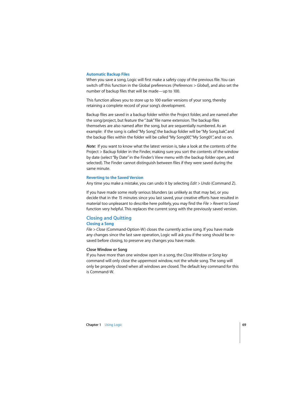 Automatic backup files, Reverting to the saved version, Closing and quitting | Closing a song | Apple Logic Pro 7 User Manual | Page 69 / 730