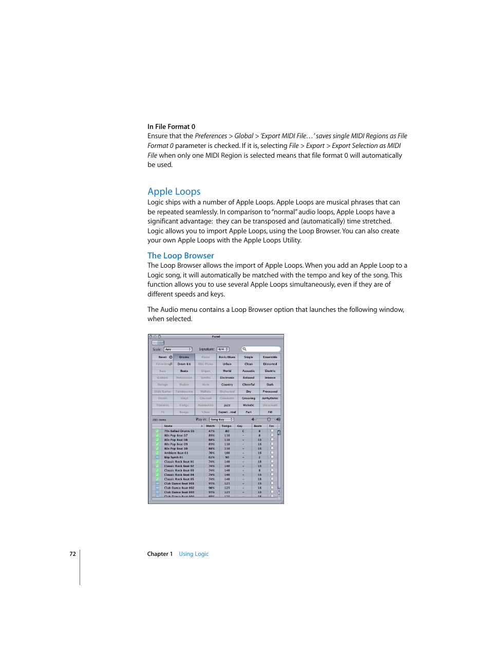 Apple loops, The loop browser | Apple Logic Pro 7 User Manual | Page 72 / 730