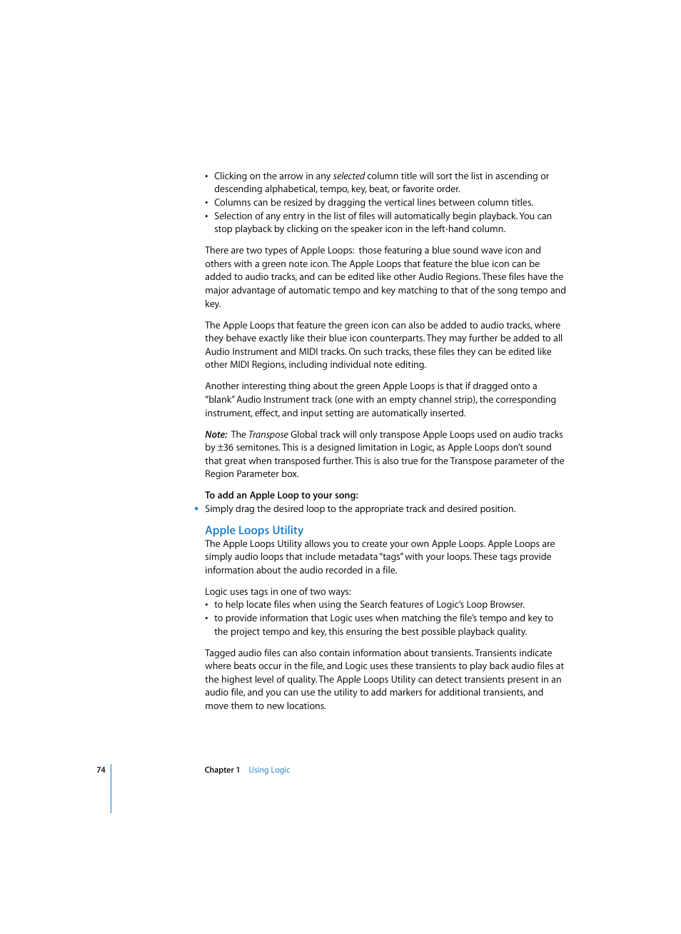 Apple loops utility | Apple Logic Pro 7 User Manual | Page 74 / 730