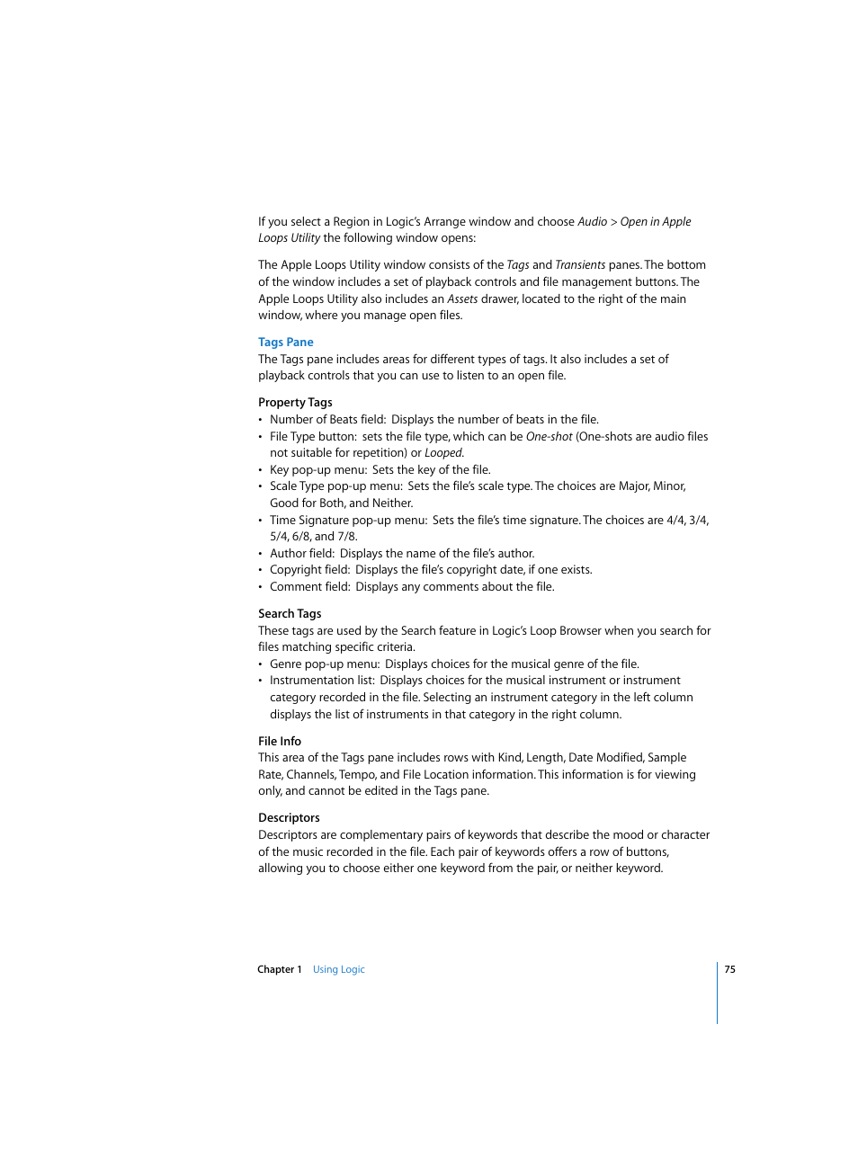 Tags pane | Apple Logic Pro 7 User Manual | Page 75 / 730