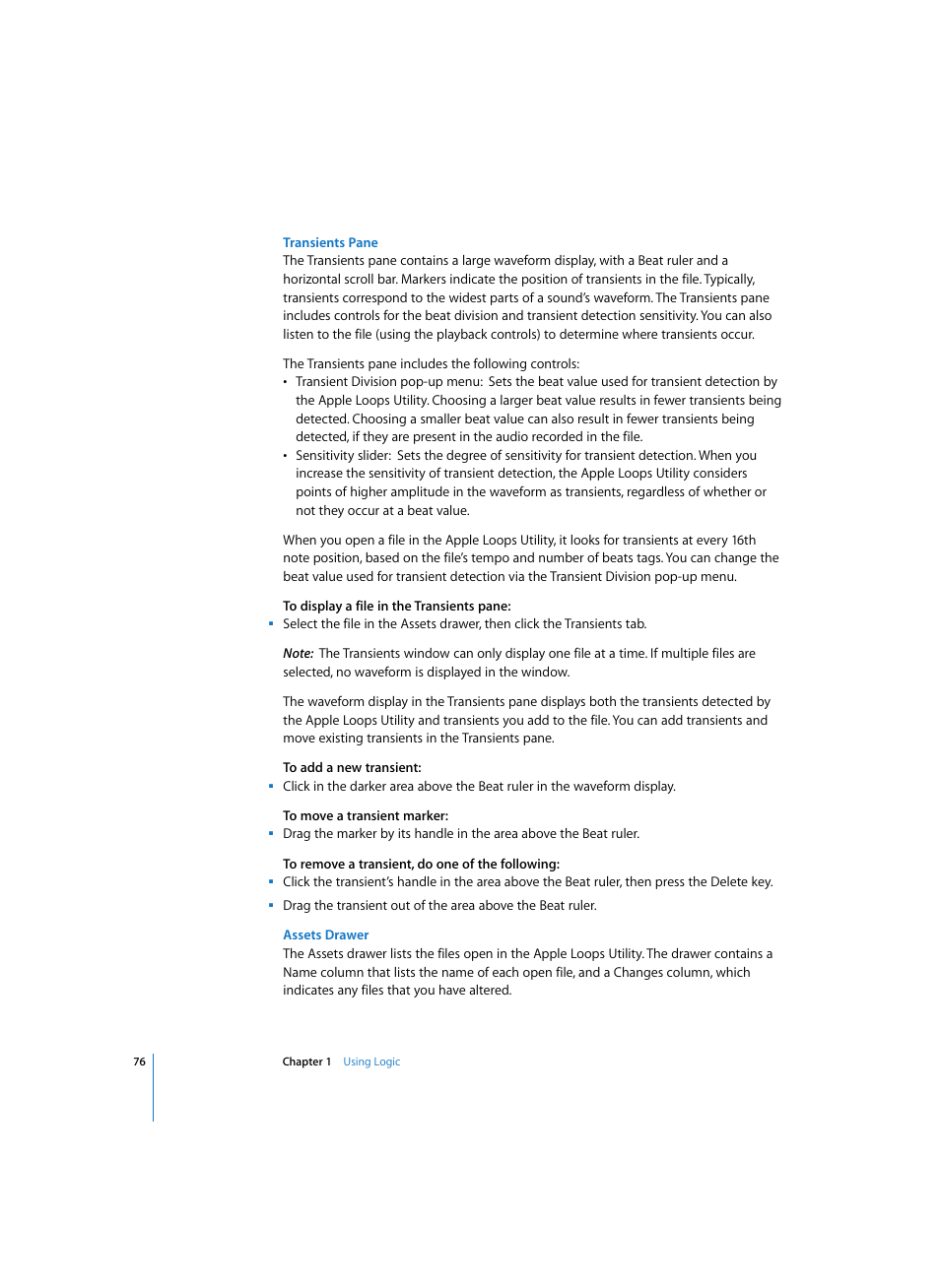 Transients pane, Assets drawer | Apple Logic Pro 7 User Manual | Page 76 / 730