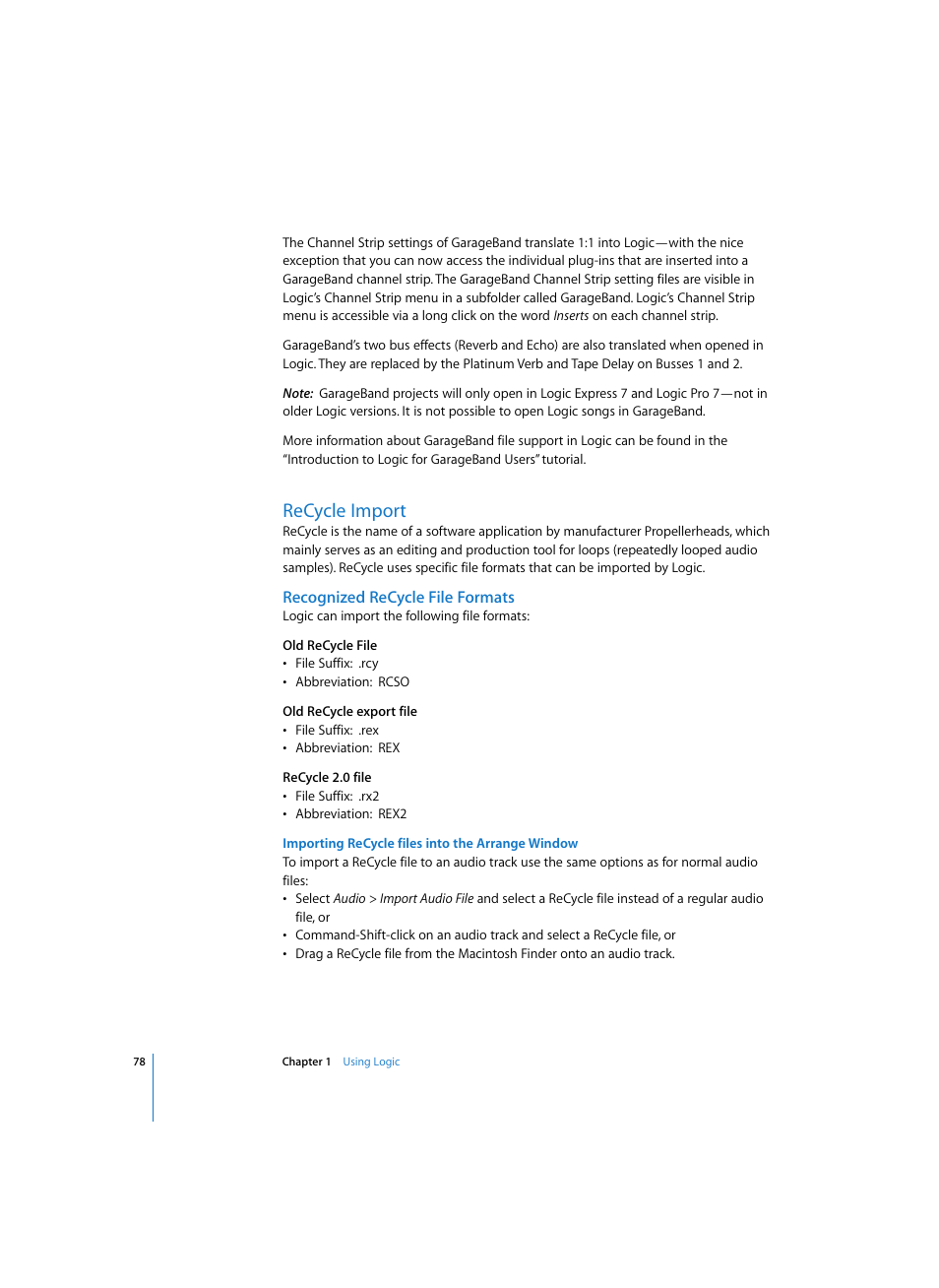 Recycle import, Recognized recycle file formats, Importing recycle files into the arrange window | Apple Logic Pro 7 User Manual | Page 78 / 730