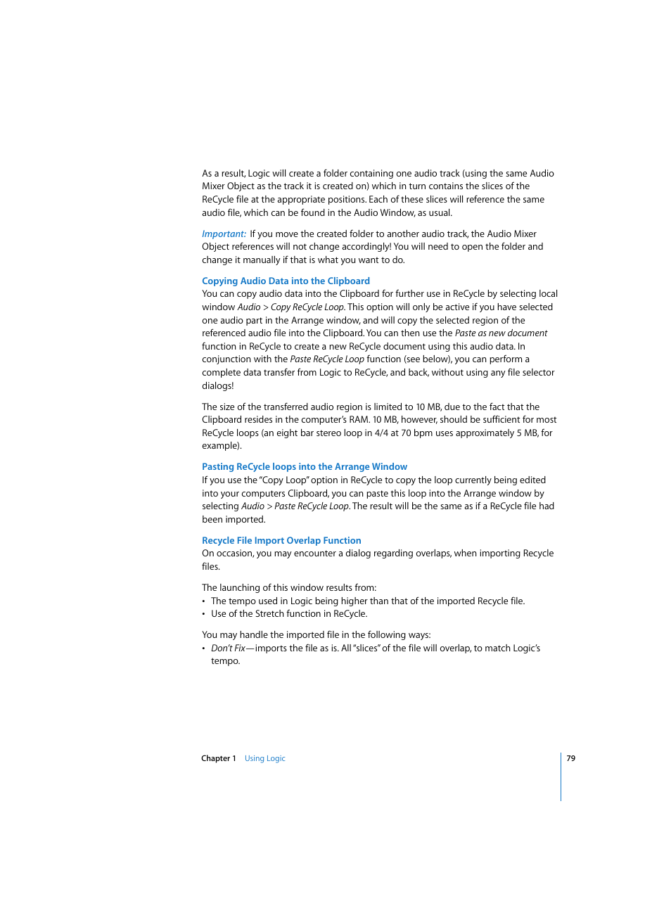 Copying audio data into the clipboard, Pasting recycle loops into the arrange window, Recycle file import overlap function | Apple Logic Pro 7 User Manual | Page 79 / 730