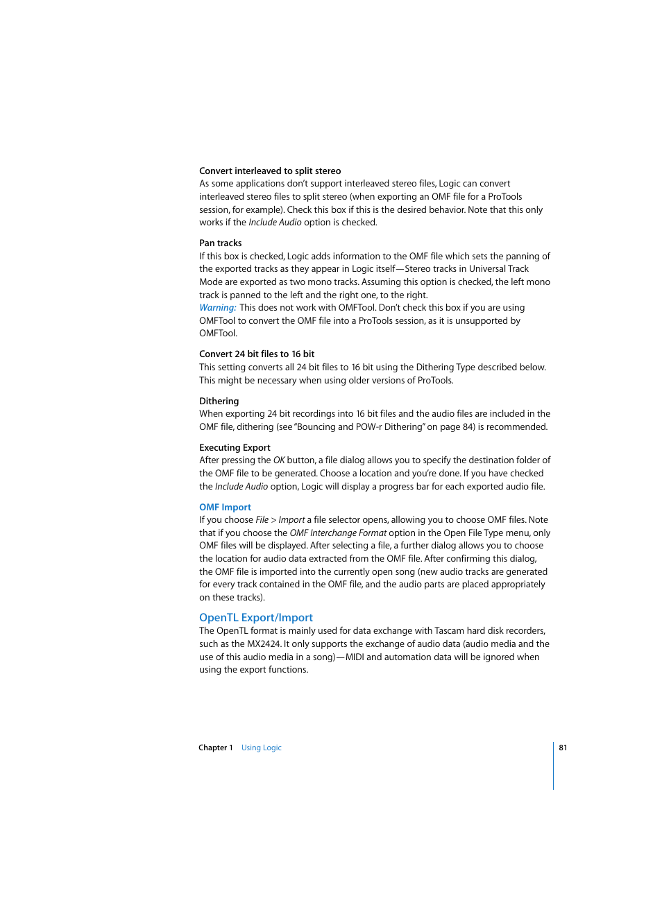 Omf import, Opentl export/import | Apple Logic Pro 7 User Manual | Page 81 / 730