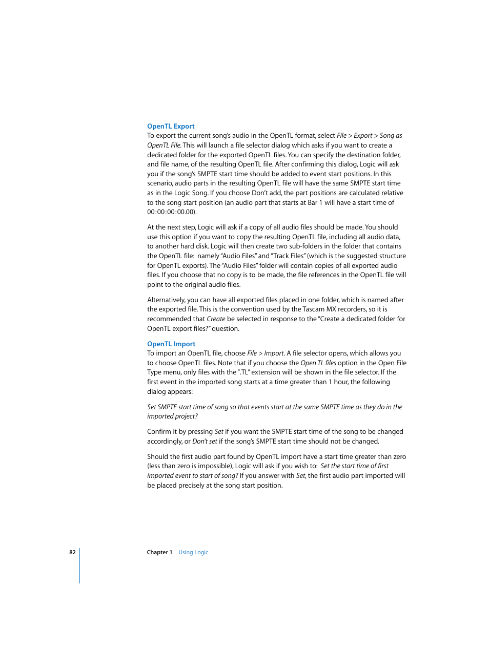Opentl export, Opentl import | Apple Logic Pro 7 User Manual | Page 82 / 730