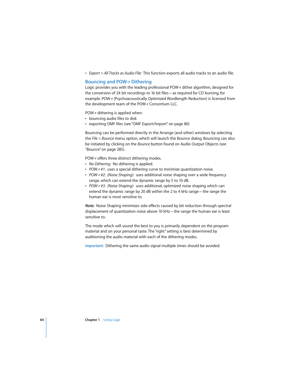 Bouncing and pow-r dithering | Apple Logic Pro 7 User Manual | Page 84 / 730