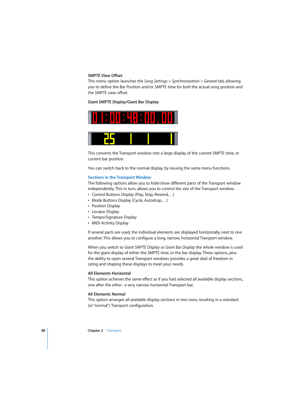 Sections in the transport window | Apple Logic Pro 7 User Manual | Page 88 / 730