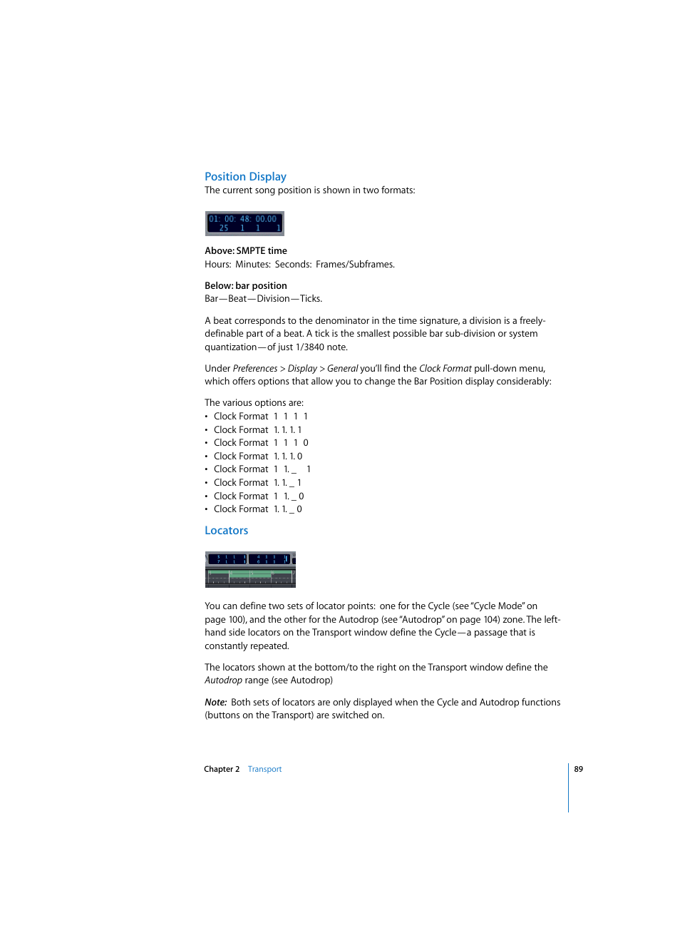 Position display, Locators | Apple Logic Pro 7 User Manual | Page 89 / 730