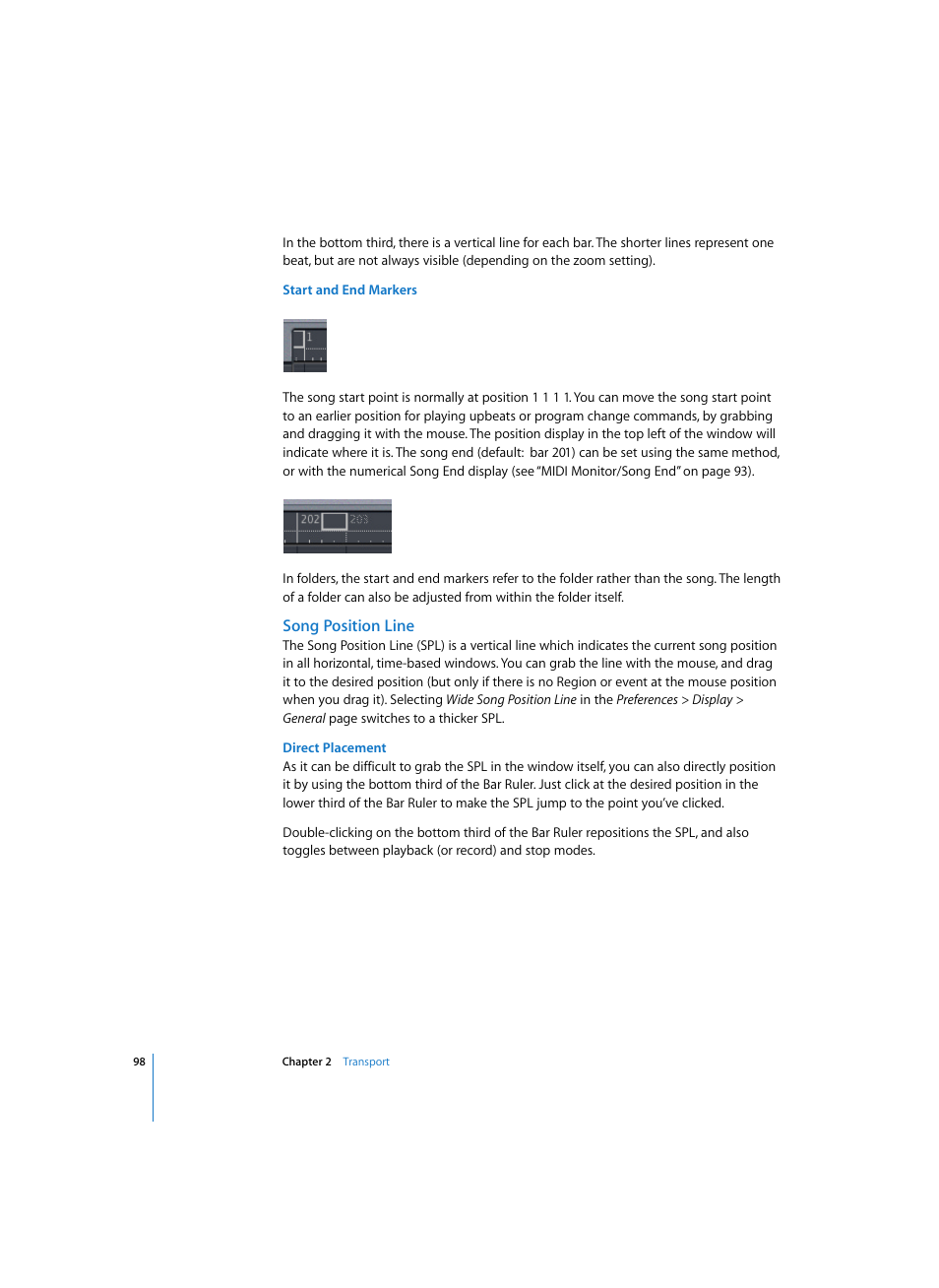Start and end markers, Song position line, Direct placement | Apple Logic Pro 7 User Manual | Page 98 / 730