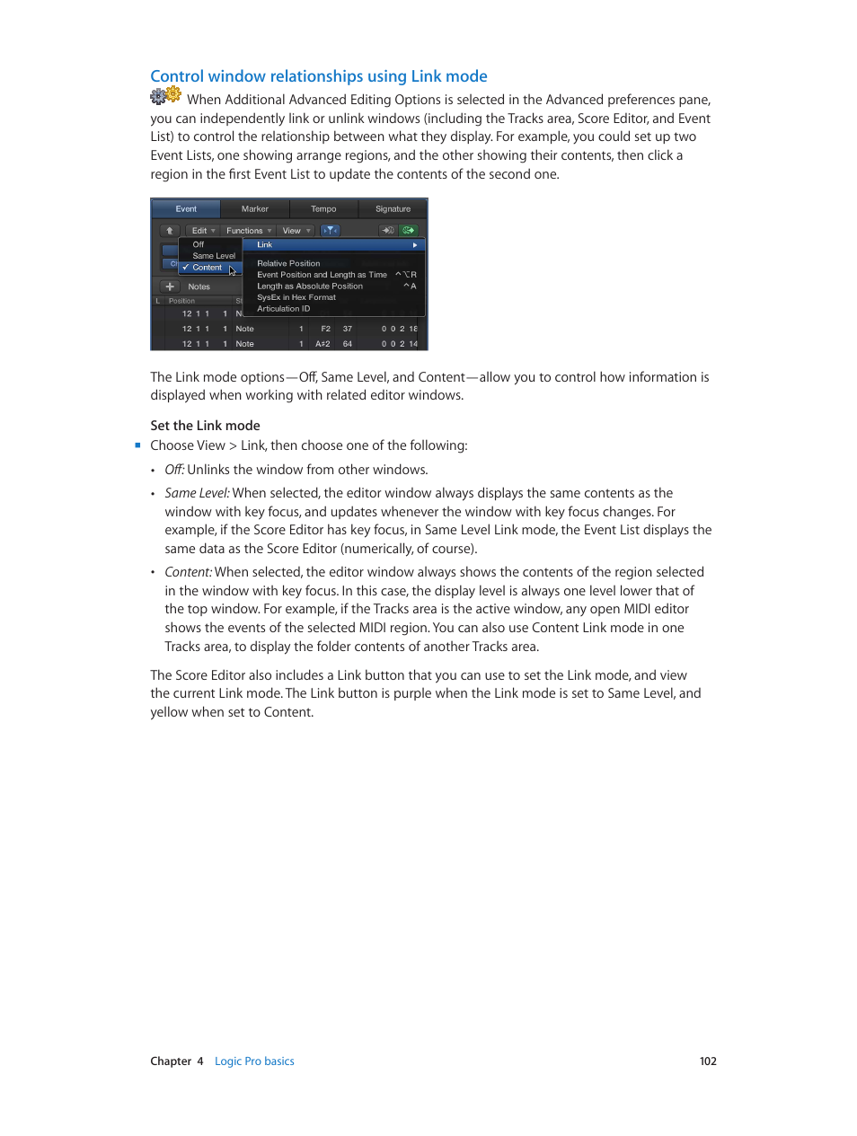 Control window relationships using link mode | Apple Logic Pro X User Manual | Page 102 / 919