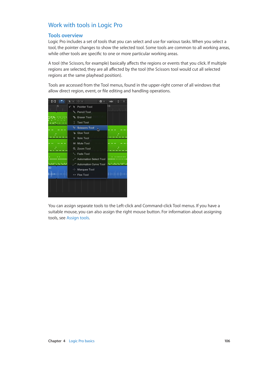 Work with tools in logic pro, Tools overview, 106 work with tools in logic pro 106 | Apple Logic Pro X User Manual | Page 106 / 919