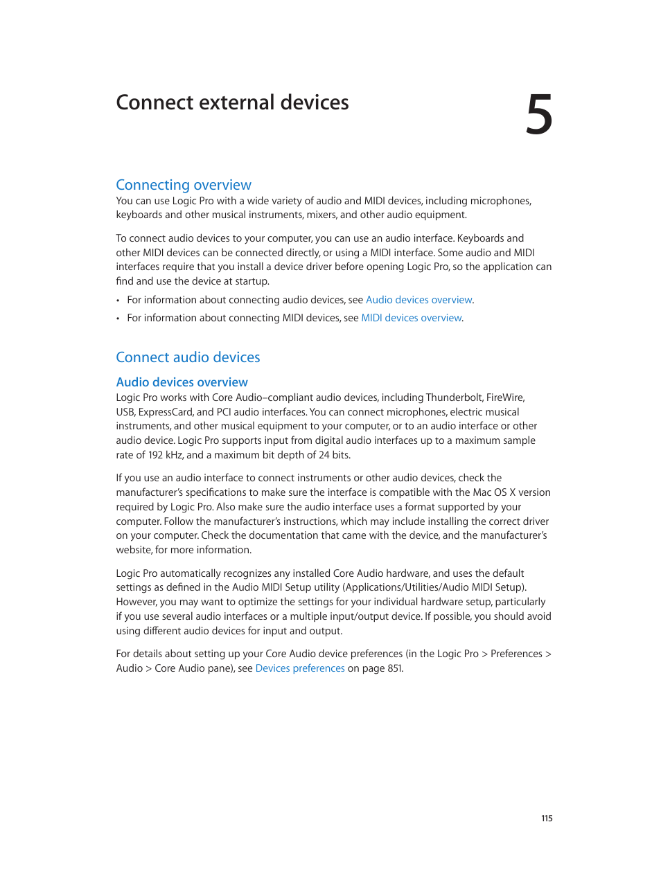 Chapter 5: connect external devices, Connecting overview, Connect audio devices | Audio devices overview, Audio, Devices overview, Connect external devices | Apple Logic Pro X User Manual | Page 115 / 919
